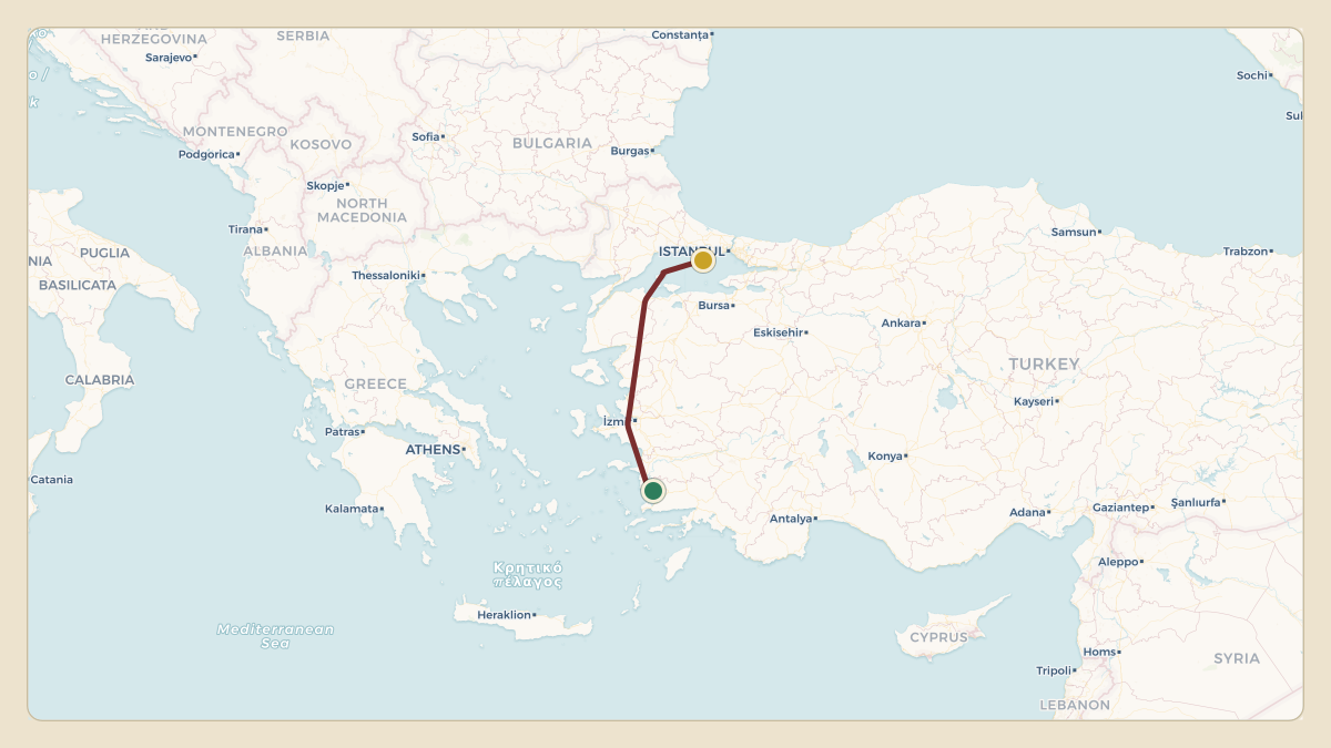 Flight path for Len Blavatnik's N761LE from LTFE — Milas Bodrum International Airport to LTBA — İstanbul Atatürk Airport
