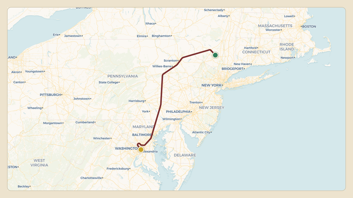 Flight path for Howard Lutnick's N527AH from KSWF — New York Stewart International Airport to KDCA — Ronald Reagan Washington National Airport
