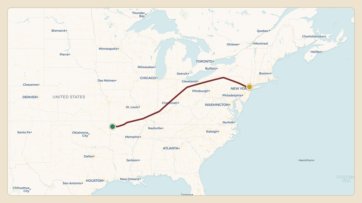 Flight path for Walmart's N383PA from KXNA — Northwest Arkansas National Airport to KTEB — Teterboro Airport