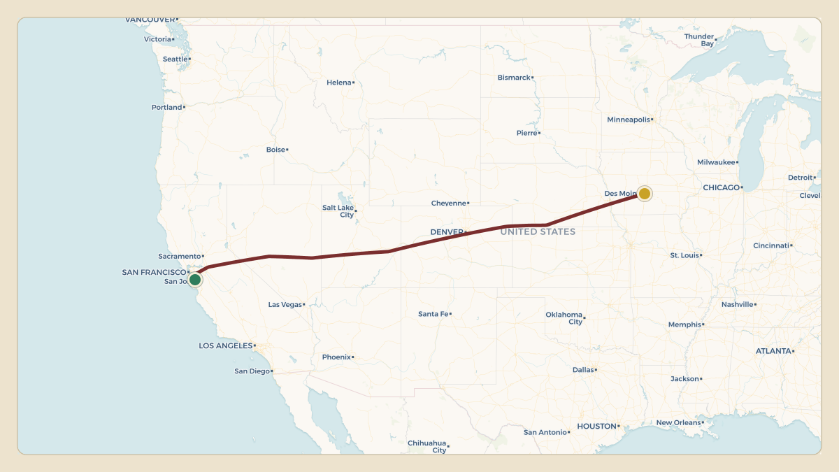 Flight path for Deere & Co's N650JD from KNUQ — Moffett Federal Airfield to KDSM — Des Moines International Airport