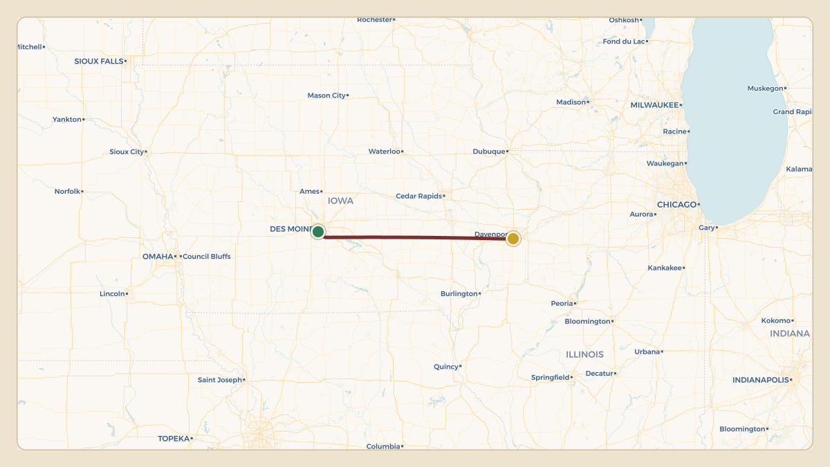 Flight path for Deere & Co's N650JD from KDSM — Des Moines International Airport to KMLI — Quad City International Airport