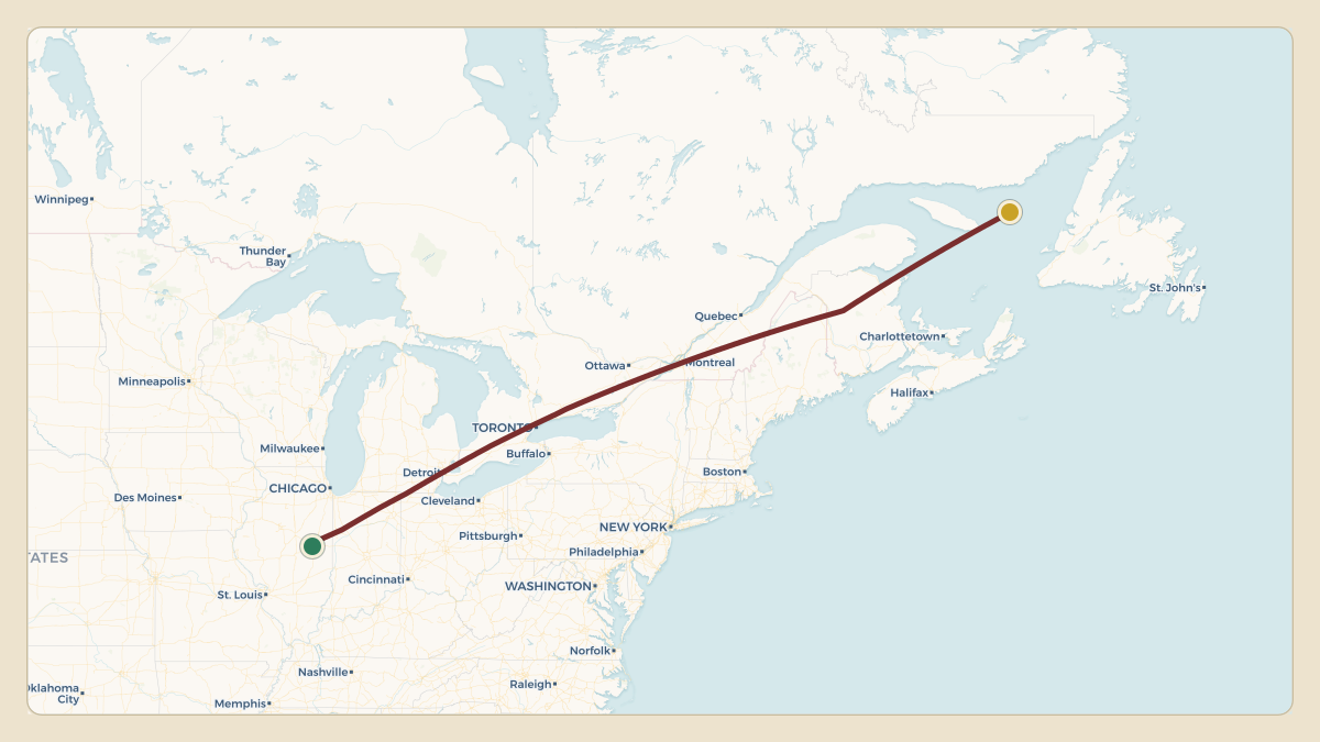 Flight path for Shahid Khan's N919FG from KCMI — University of Illinois Willard Airport to EGSS — London Stansted Airport