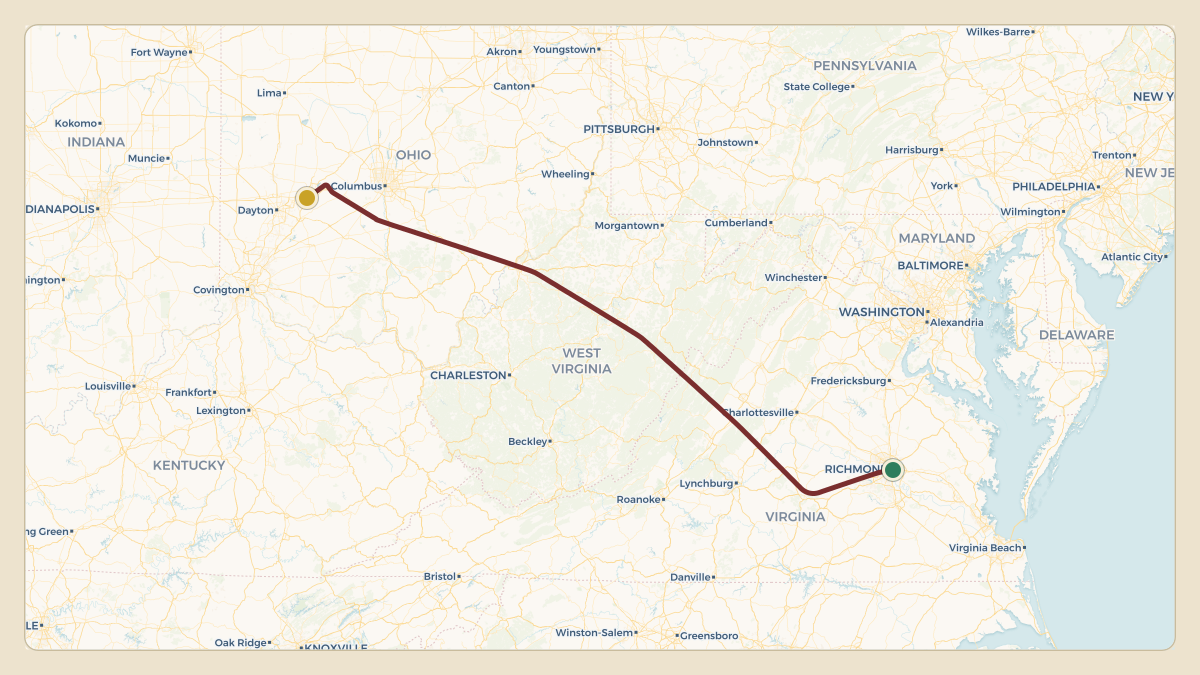 Flight path for Dominion Energy's N607D from KRIC — Richmond International Airport to KSGH — Springfield-Beckley Municipal Airport