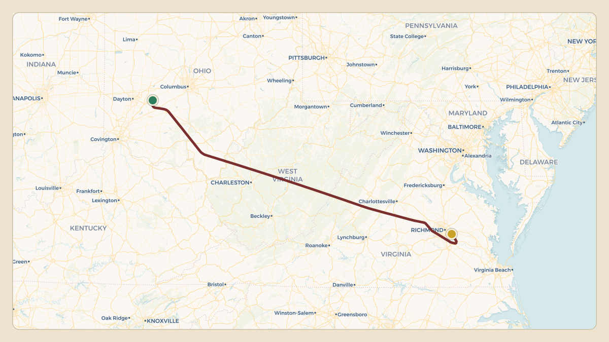 Flight path for Dominion Energy's N607D from KSGH — Springfield-Beckley Municipal Airport to KRIC — Richmond International Airport