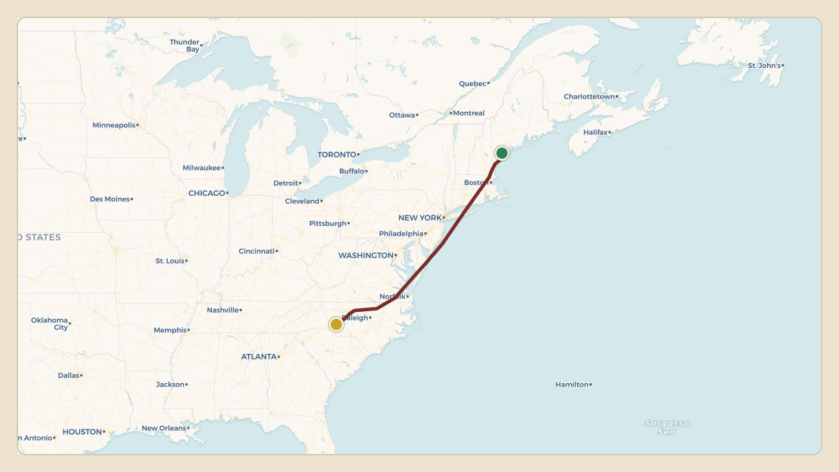 Flight path for Rick Hendrick's N508RH from KPWM — Portland International Jetport to KJQF — Concord-Padgett Regional Airport
