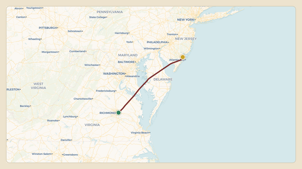 Flight path for Dominion Energy's N607D from KRIC — Richmond International Airport to KACY — Atlantic City International Airport
