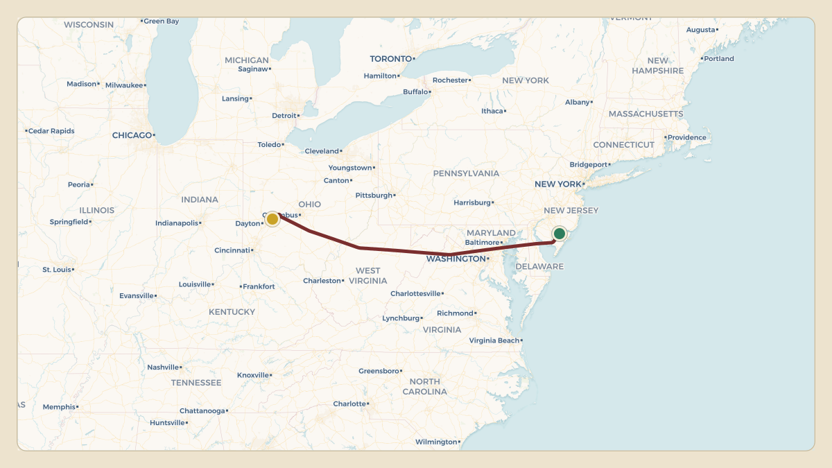 Flight path for Dominion Energy's N607D from KACY — Atlantic City International Airport to KSGH — Springfield-Beckley Municipal Airport