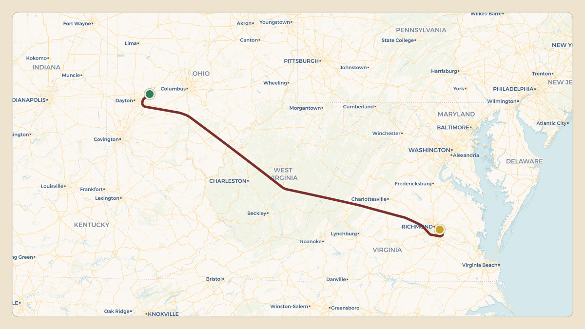 Flight path for Dominion Energy's N607D from KSGH — Springfield-Beckley Municipal Airport to KRIC — Richmond International Airport