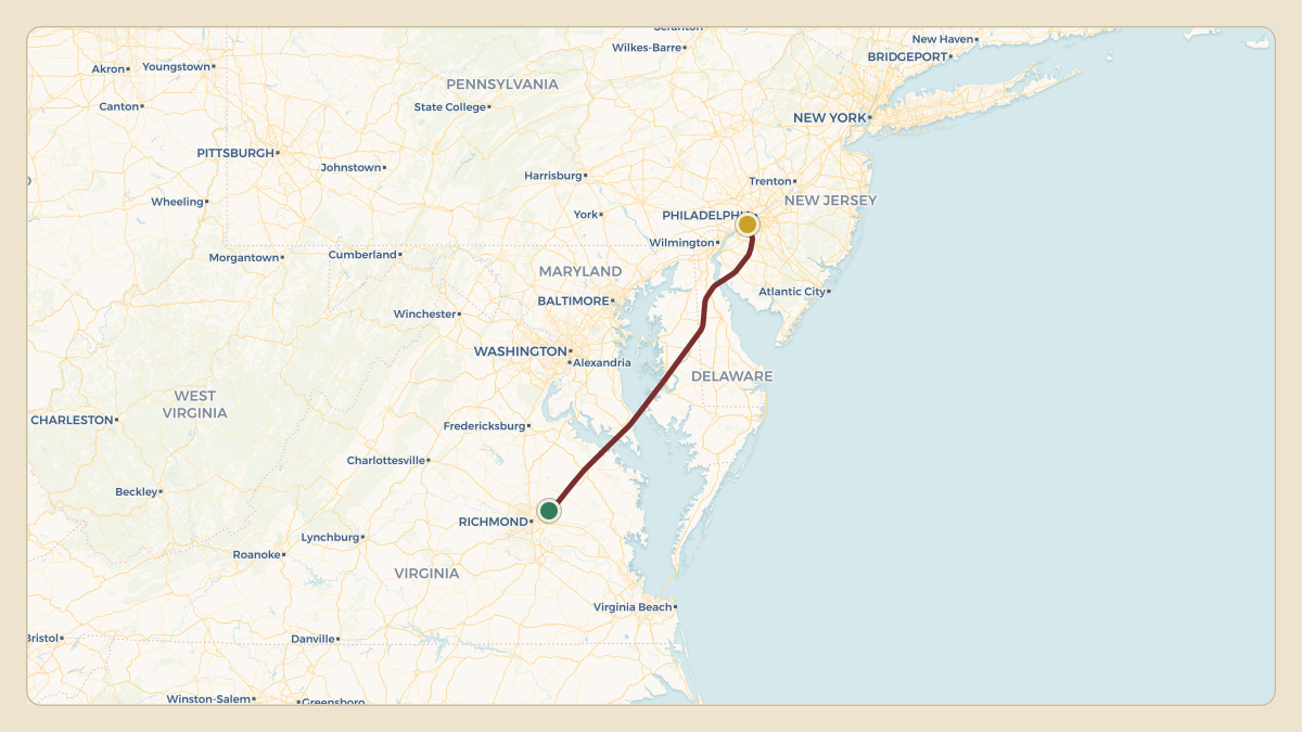 Flight path for Dominion Energy's N607D from KRIC — Richmond International Airport to KPHL — Philadelphia International Airport