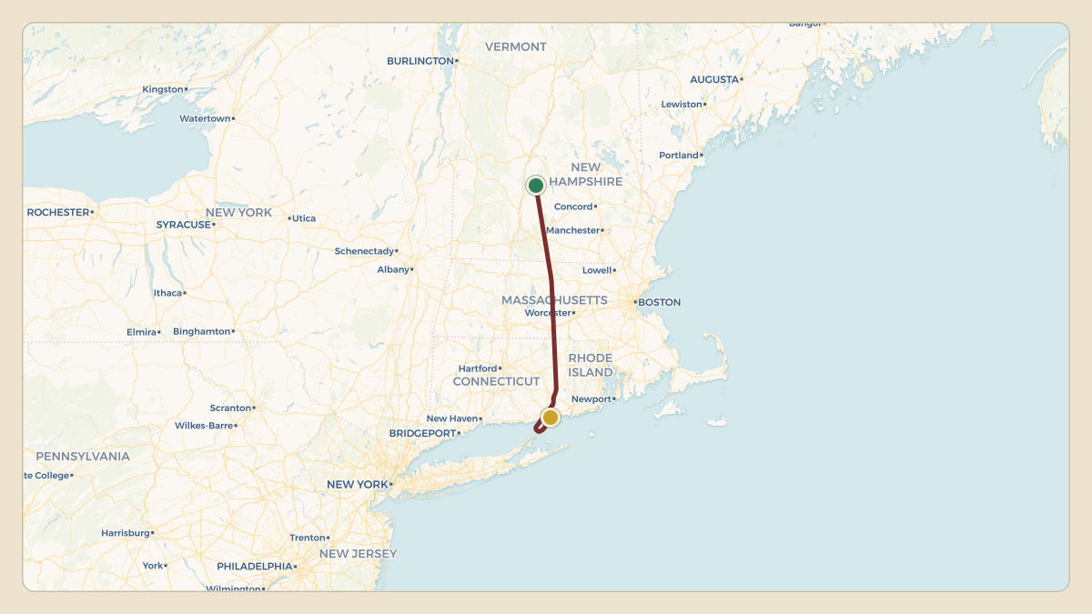 Flight path for James Dolan's N107VS from 43.70°, -72.32° to 41.31°, -72.06°