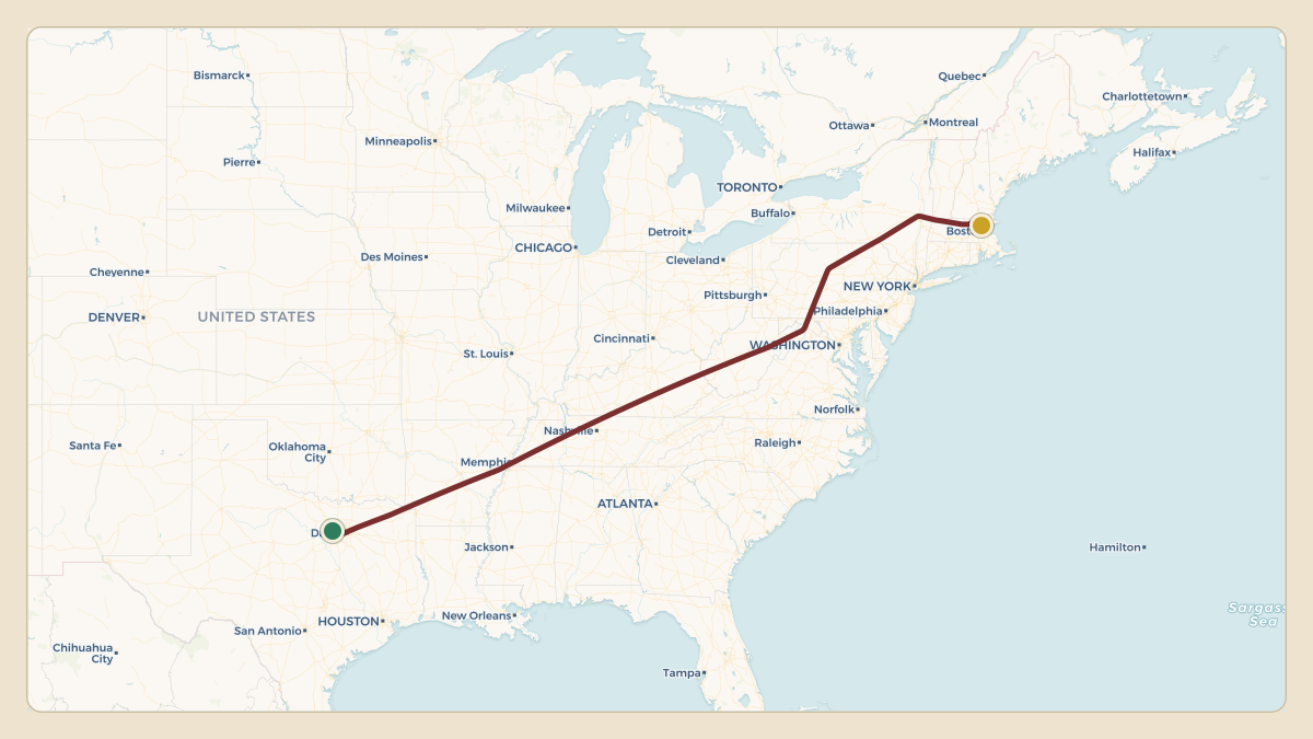 Flight path for Robert Kraft's N36NE from KAFW — Perot Field/Fort Worth Alliance Airport to KBED — Laurence G Hanscom Field