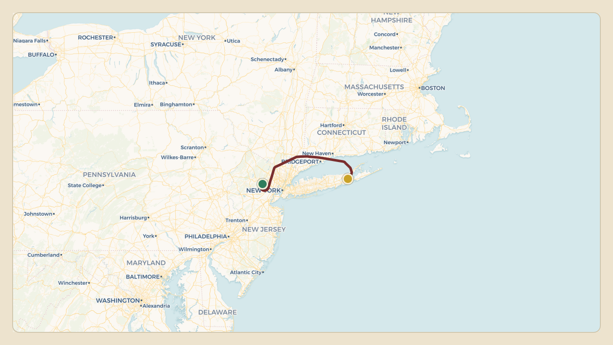 Flight path for James Dolan's N5465M from KEWR — Newark Liberty International Airport to KFOK — Francis S Gabreski Airport