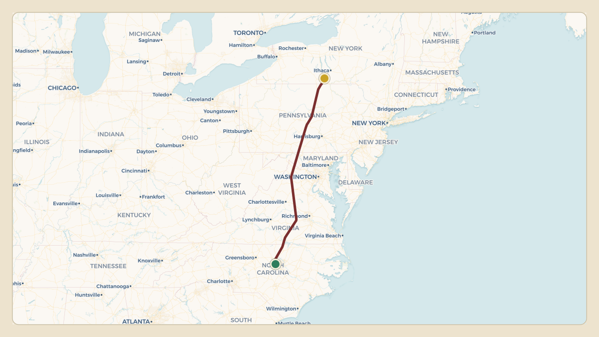 Flight path for Corning's N28CG from KRDU — Raleigh-Durham International Airport to KELM — Elmira Corning Regional Airport