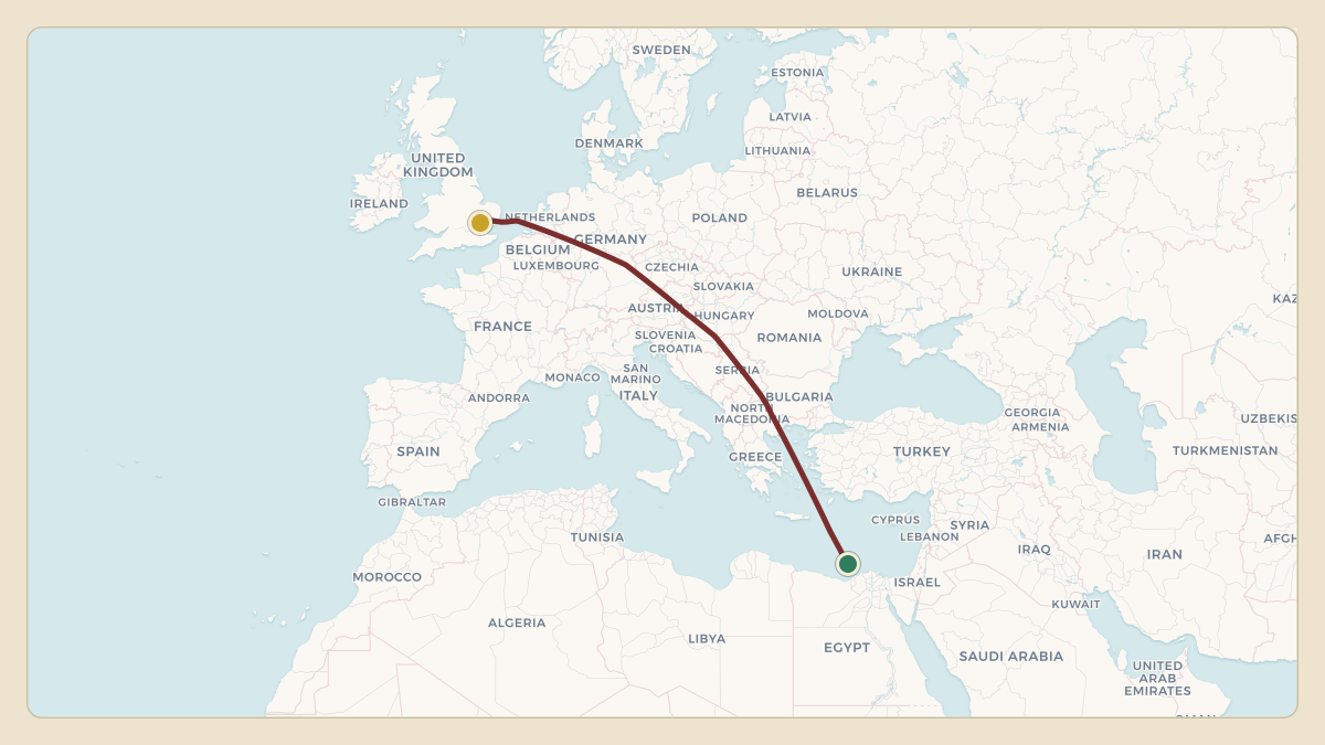 Flight path for Sheikh Mohammed bin Rashid Al Maktoum's A6-GGP from OMDB — Dubai International Airport to EGSS — London Stansted Airport