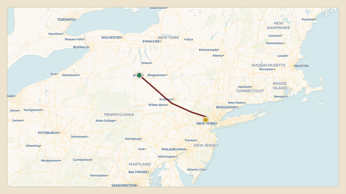 Flight path for Corning's N28CG from KELM — Elmira Corning Regional Airport to KEWR — Newark Liberty International Airport