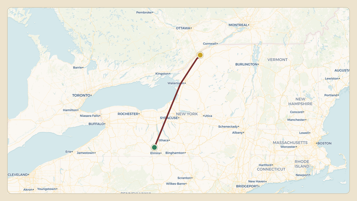 Flight path for Corning's N38CG from KELM — Elmira Corning Regional Airport to KOGS — Ogdensburg International Airport