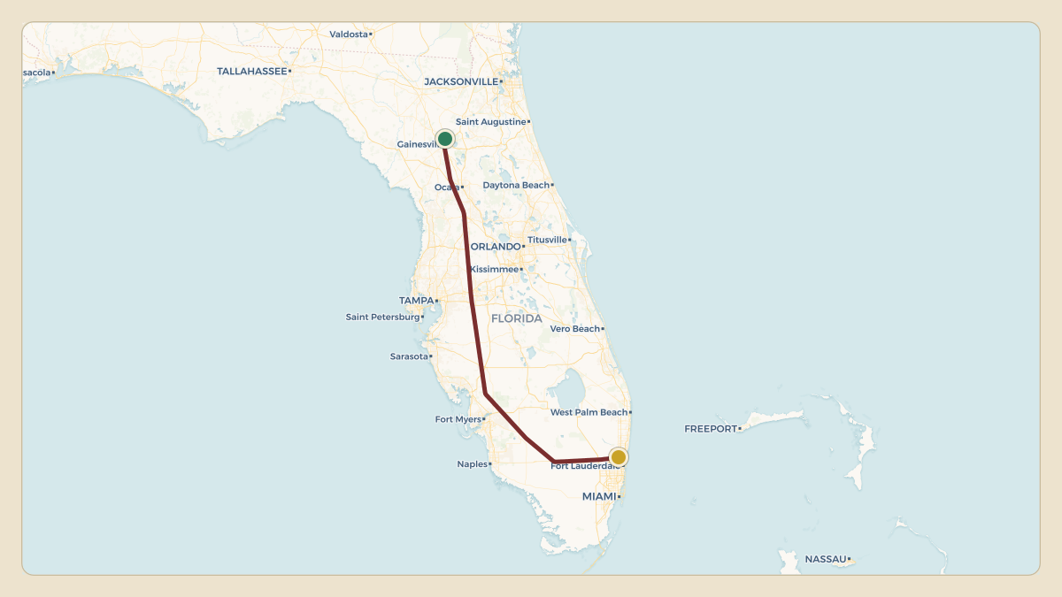 Flight path for Jon Sumrall's N101FG from KGNV — Gainesville Regional Airport to KFXE — Fort Lauderdale Executive Airport