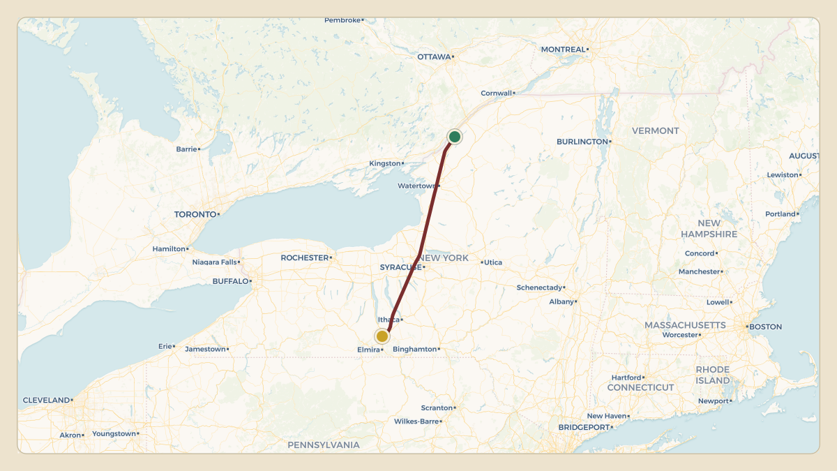 Flight path for Corning's N38CG from KOGS — Ogdensburg International Airport to KELM — Elmira Corning Regional Airport