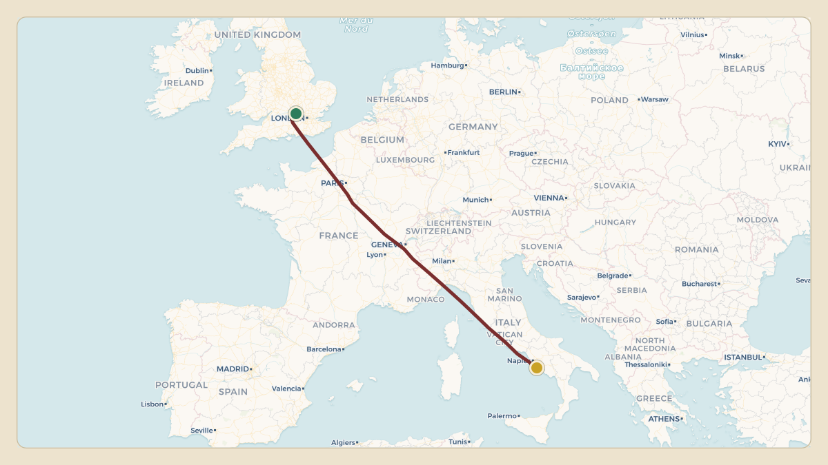 Flight path for Nassef Sawiris's M-YNNS from EGSS — London Stansted Airport to LIRI — Salerno Costa d'Amalfi Airport