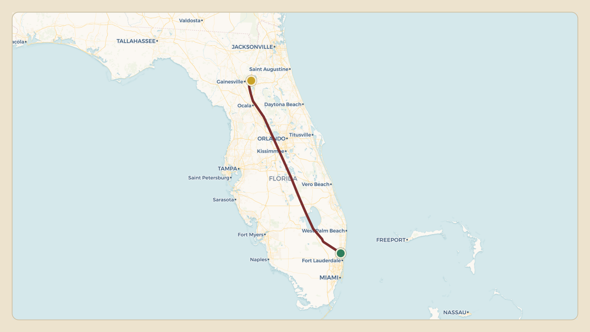 Flight path for Jon Sumrall's N101FG from KFXE — Fort Lauderdale Executive Airport to 81FL — The Flying Horseman Airport
