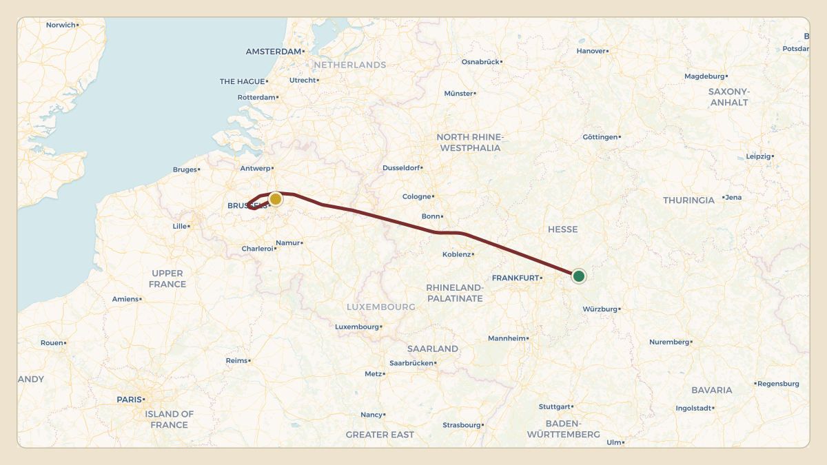 Flight path for Bharat Forge's VT-SDK from EDFJ — Lager Hammelburg Airfield to EBBR — Brussels Airport