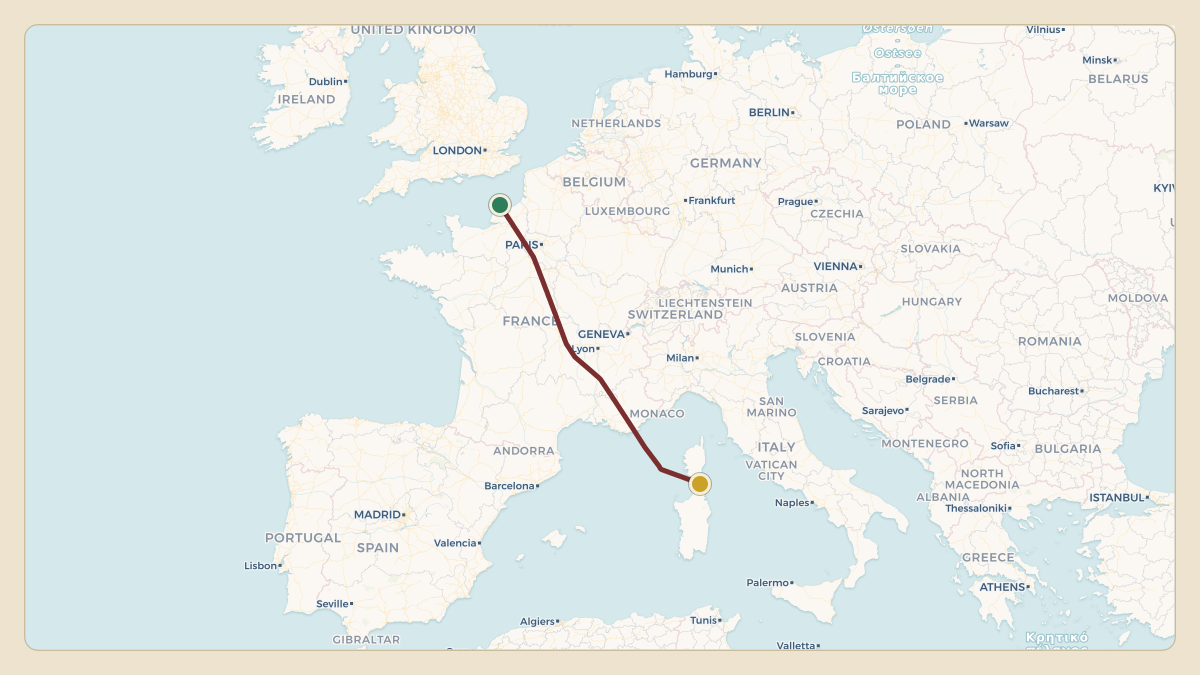 Flight path for Lawrence Stroll's OE-LSS from LFYV — Yvetot Lucien Camu Airfield to LFKF — Figari Sud-Corse Airport
