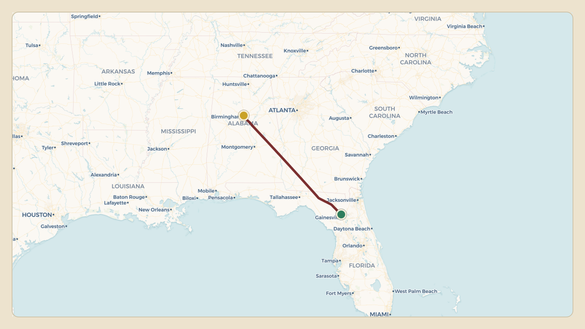 Flight path for Jon Sumrall's N101FG from KGNV — Gainesville Regional Airport to KBHM — Birmingham-Shuttlesworth International Airport