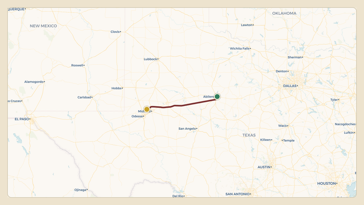 Flight path for Discount Tire's N527H from KABI — Abilene Regional Airport to KMAF — Midland International Air and Space Port