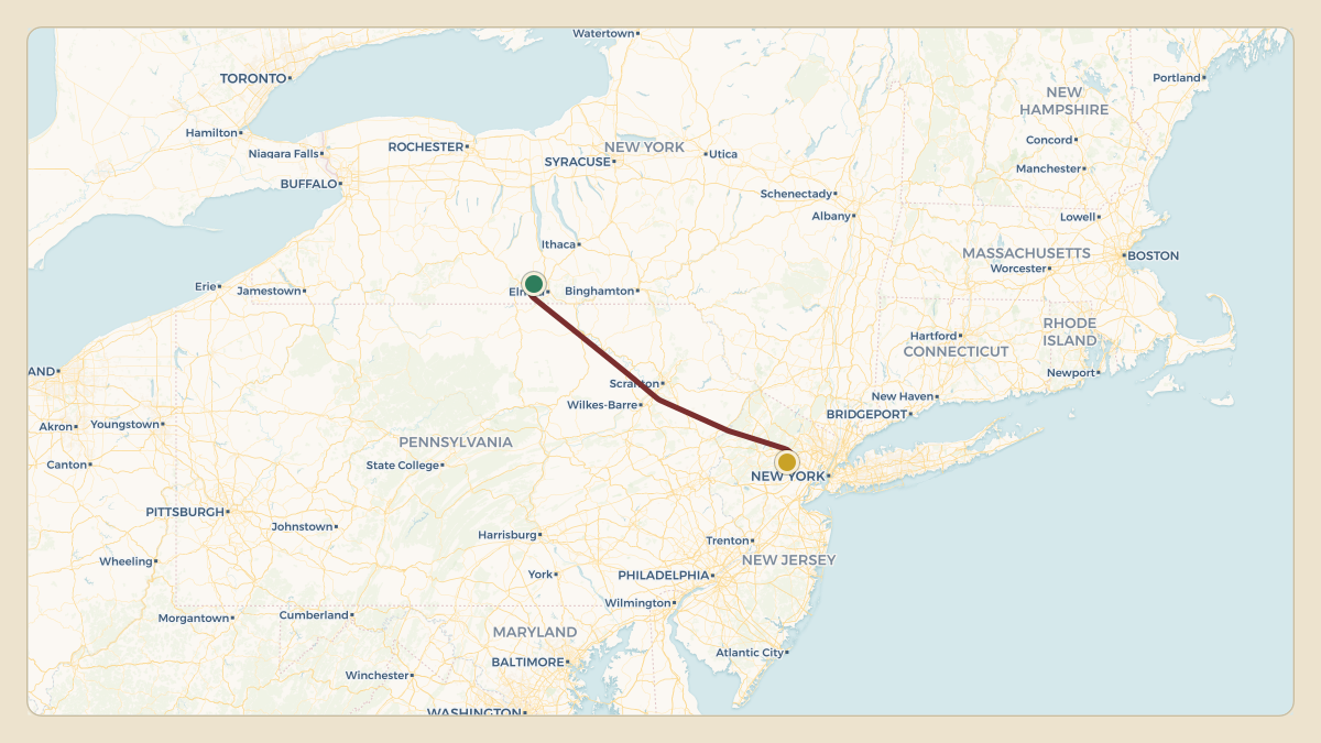Flight path for Corning's N28CG from KELM — Elmira Corning Regional Airport to KEWR — Newark Liberty International Airport