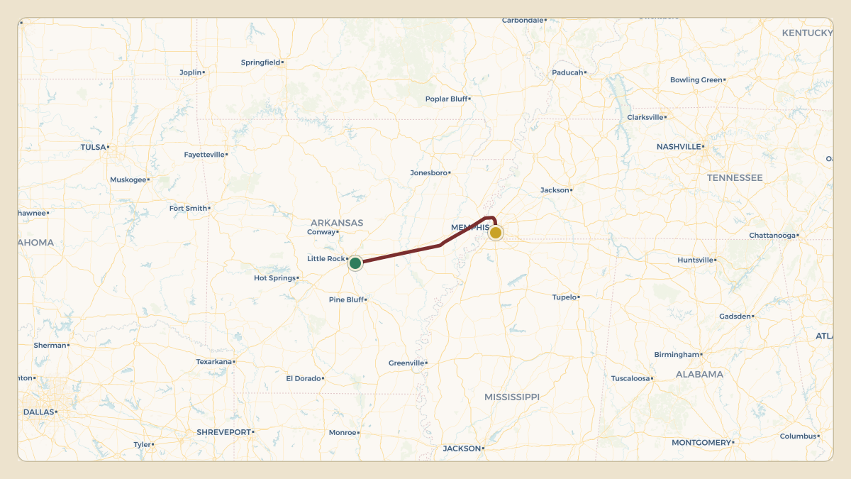 Flight path for Sarah Huckabee Sanders's N390SP from US-0454 — Pumpkin Patch Field to KMEM — Memphis International Airport