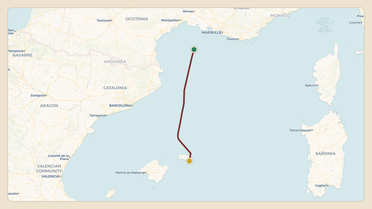 Flight path for Ernesto Bertarelli's HB-JIT from LSGG — Geneva International Airport to LEMH — Menorca Airport