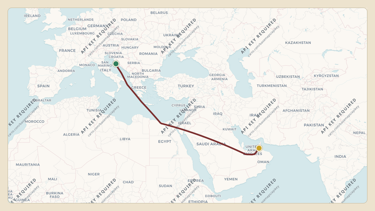 Flight path for Sheikh Mohammed bin Rashid Al Maktoum's A6-GGP from LDZD — Zadar Airport to OOBR — Buraimi Airport