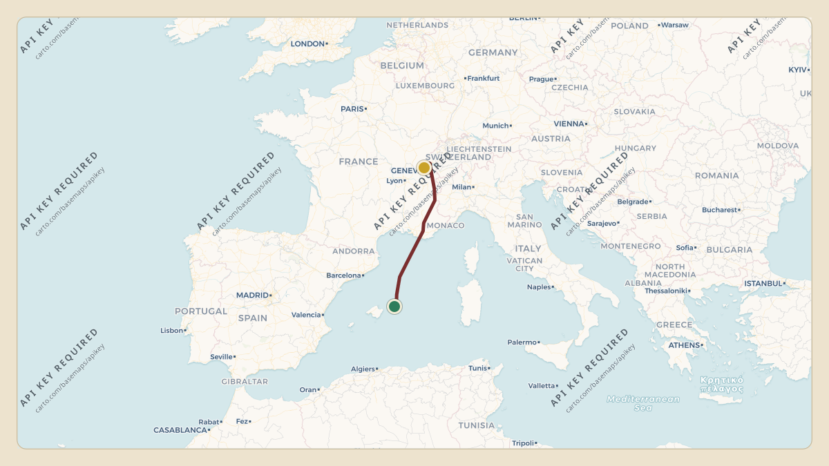 Flight path for Ernesto Bertarelli's HB-JIT from LEMH — Menorca Airport to LSGG — Geneva International Airport
