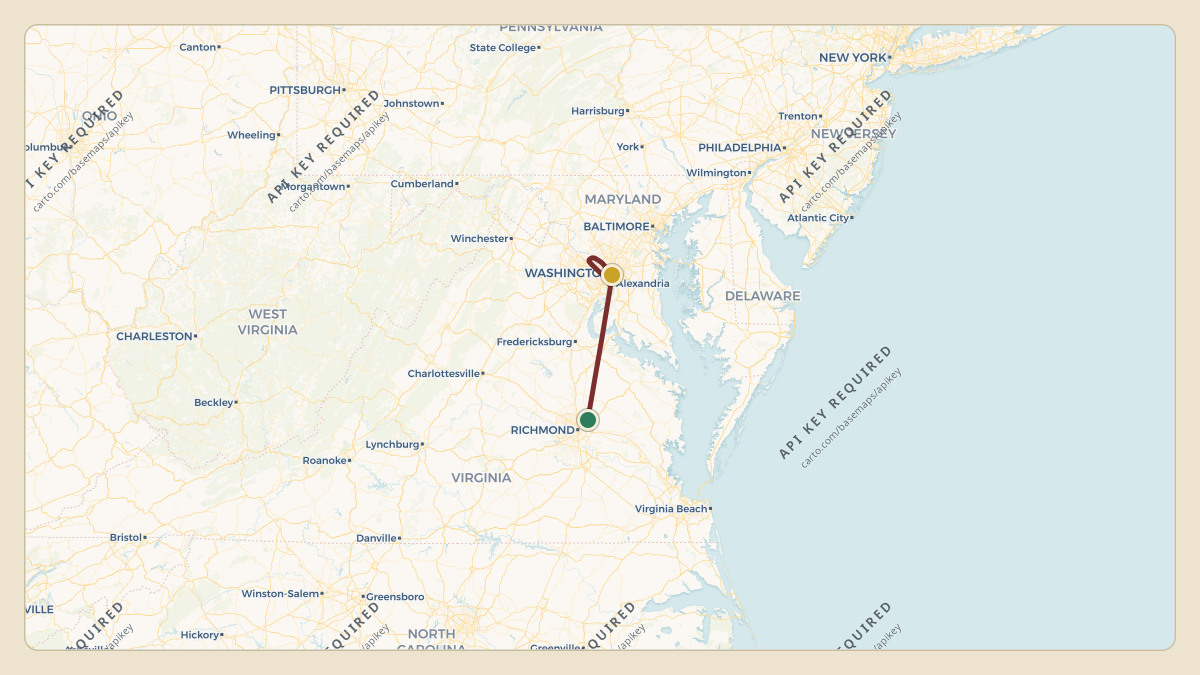 Flight path for Glenn Youngkin's N1VA from KRIC — Richmond International Airport to KDCA — Ronald Reagan Washington National Airport