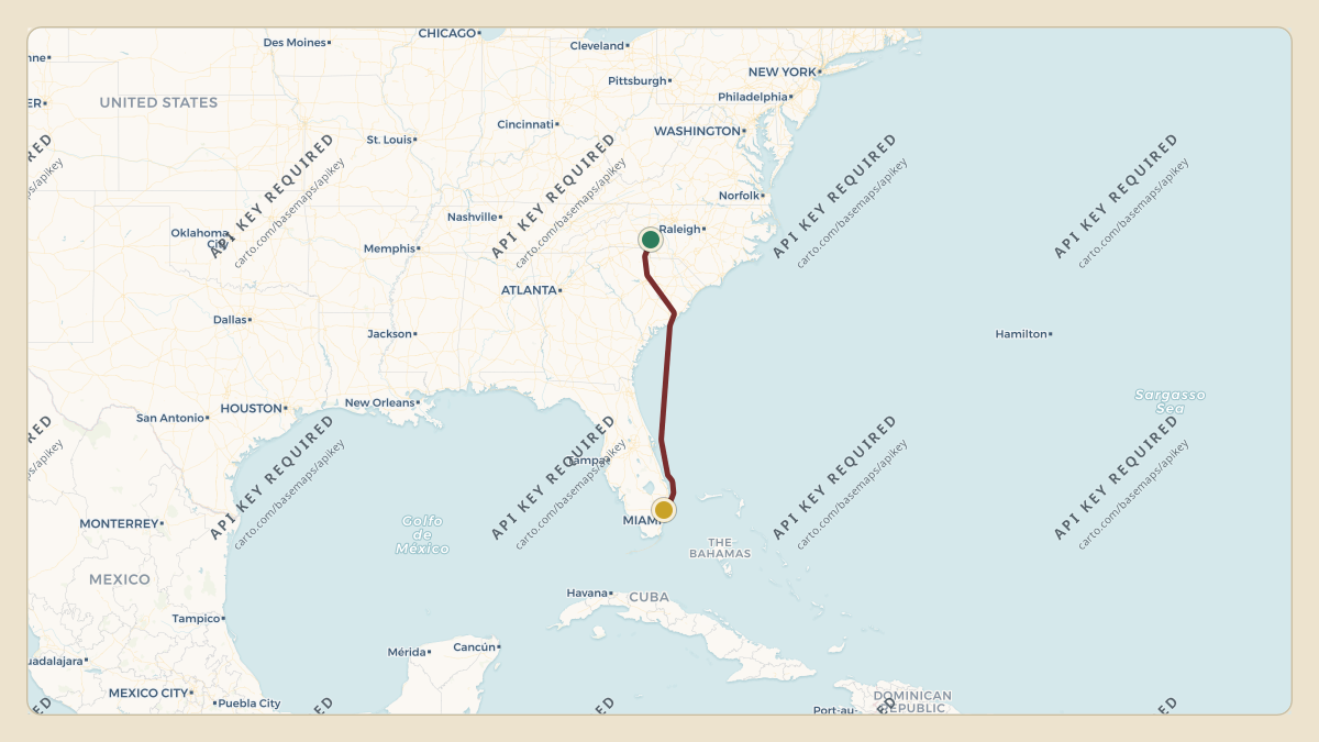 Flight path for Rick Hendrick's N1RH from KJQF — Concord-Padgett Regional Airport to KFLL — Fort Lauderdale Hollywood International Airport