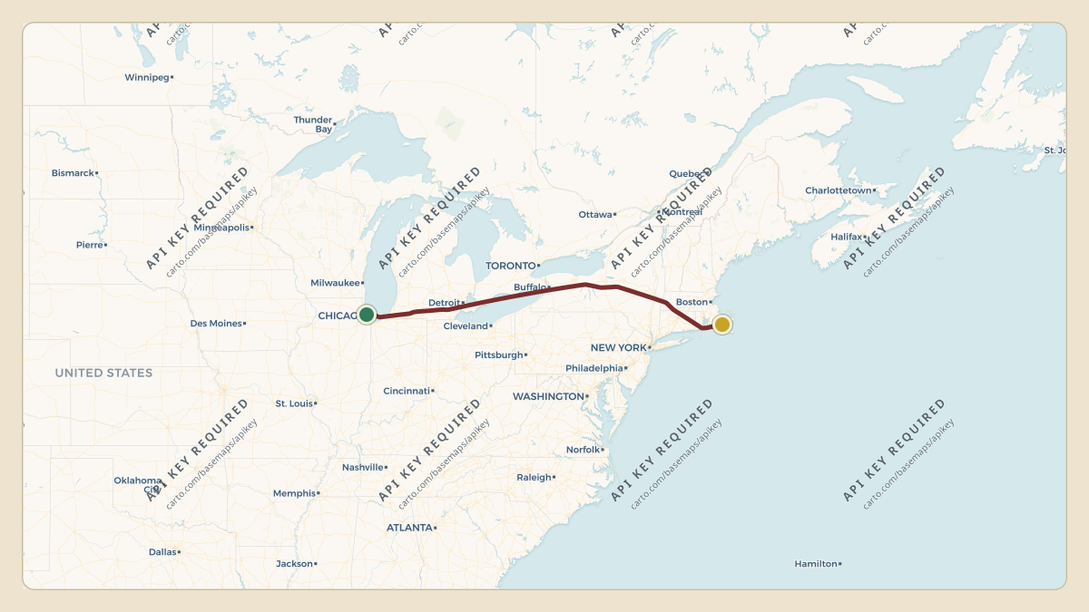 Flight path for Deere & Co's N282JD from KMDW — Chicago Midway International Airport to KMVY — Martha's Vineyard Airport