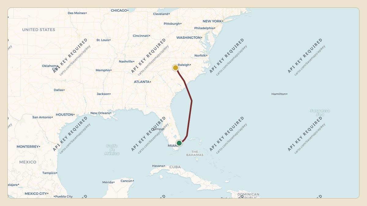 Flight path for Rick Hendrick's N1RH from KFLL — Fort Lauderdale Hollywood International Airport to KJQF — Concord-Padgett Regional Airport