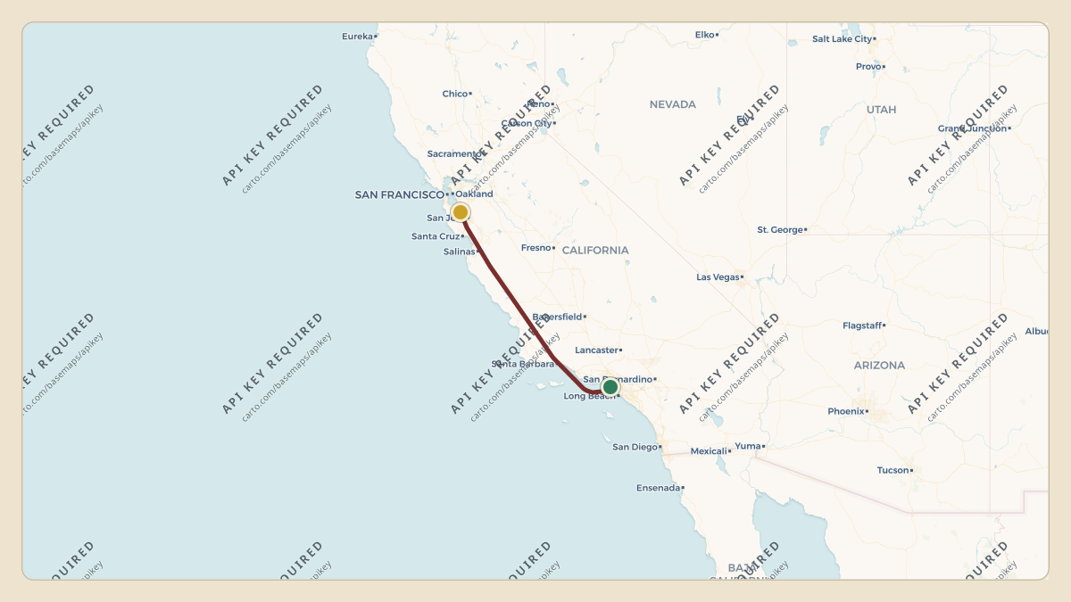 Flight path for Elon Musk's N628TS from KLAX — Los Angeles International Airport to KNUQ — Moffett Federal Airfield