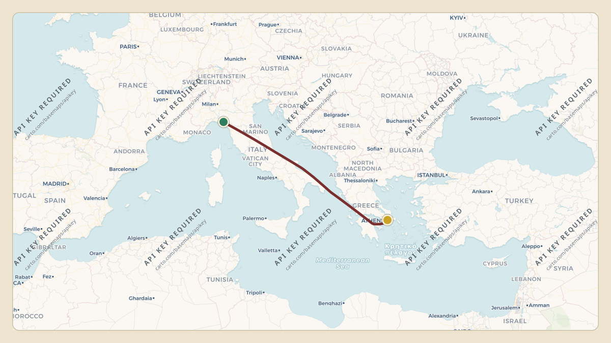 Flight path for Gianluigi Aponte's HB-JLD from 44.31°, 9.75° to LGAV — Athens Eleftherios Venizelos International Airport