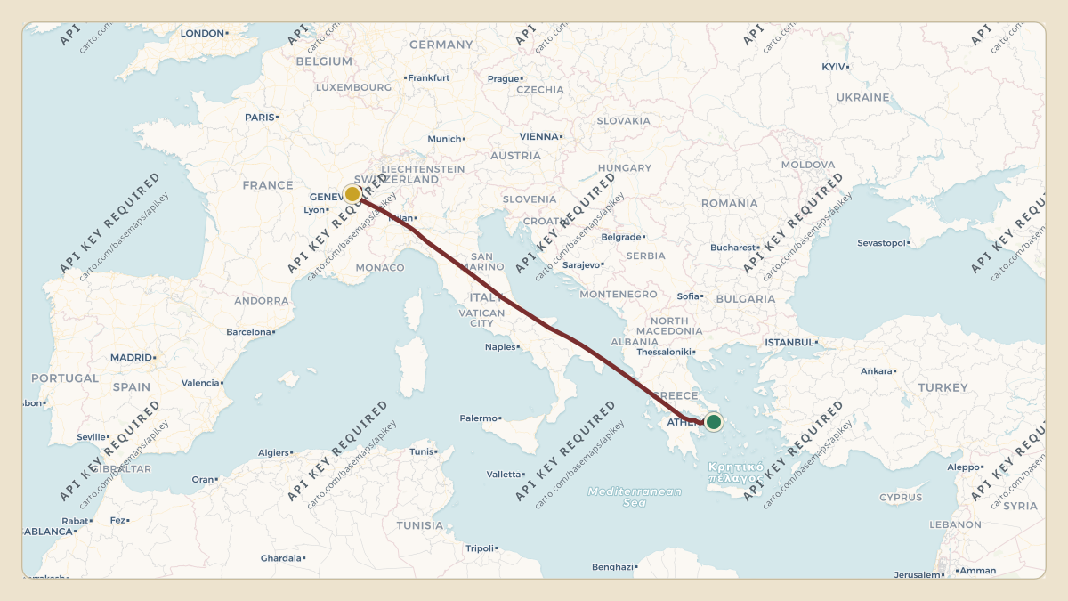 Flight path for Gianluigi Aponte's HB-JLD from LGAV — Athens Eleftherios Venizelos International Airport to LSGG — Geneva International Airport
