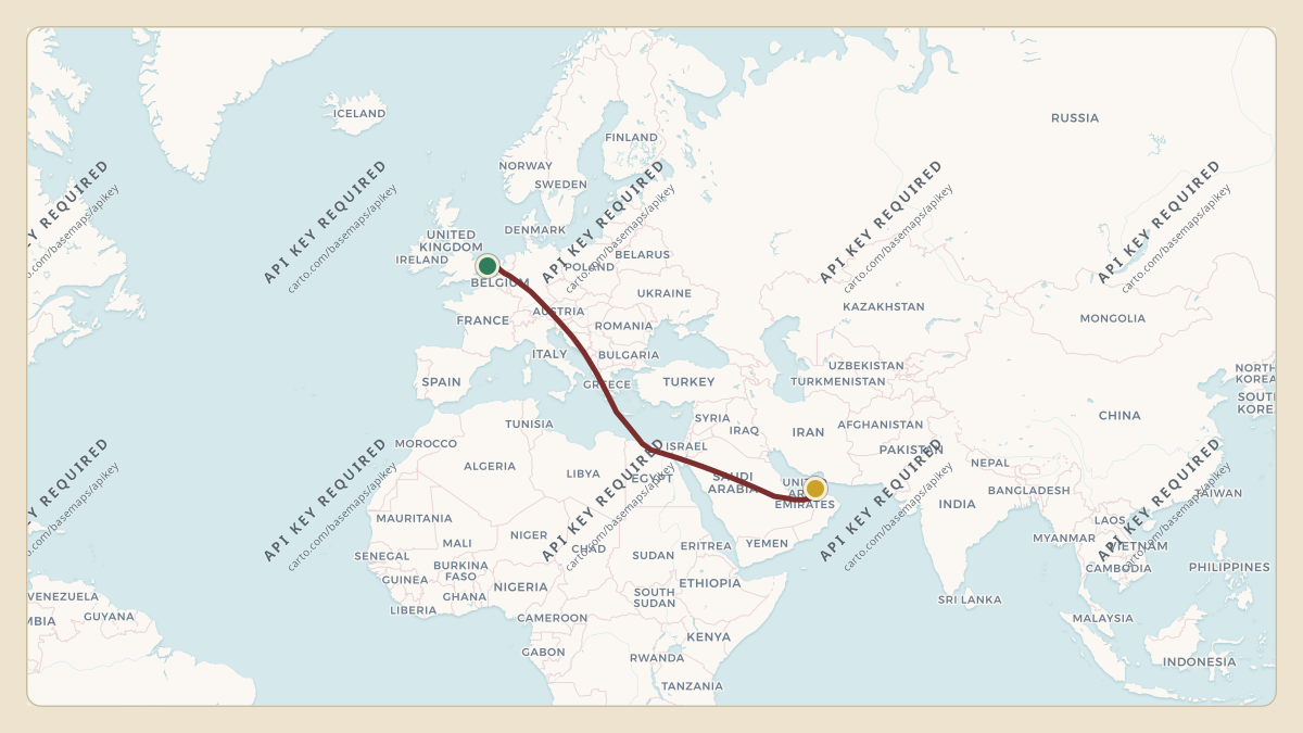 Flight path for Sheikh Mohammed bin Rashid Al Maktoum's A6-MMM from EGML — Damyns Hall Aerodrome to OOBR — Buraimi Airport