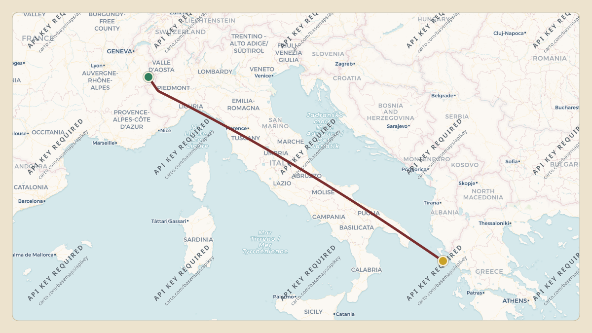 Flight path for Gianluigi Aponte's HB-JLA from LFGJ — Dole Tavaux Airport to LGKR — Corfu Ioannis Kapodistrias International Airport