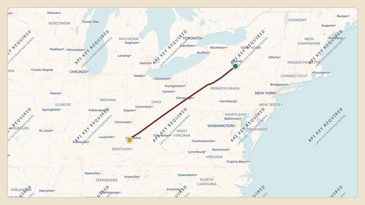 Flight path for Corning's N38CG from KELM — Elmira Corning Regional Airport to KLEX — Blue Grass Airport