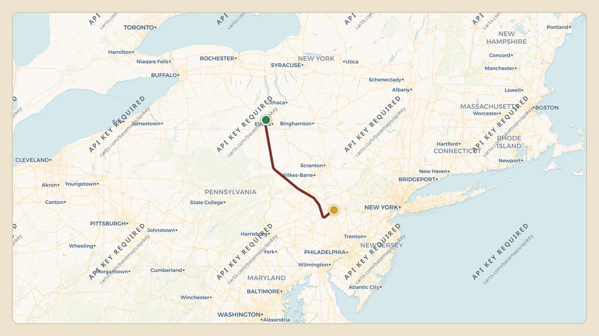 Flight path for Corning's N28CG from KELM — Elmira Corning Regional Airport to KABE — Lehigh Valley International Airport