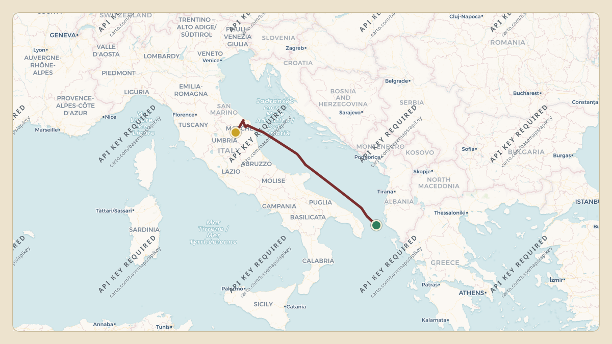 Flight path for Gianluigi Aponte's HB-JLA from LGPZ — Aktion National Airport to LIPY — Marche Airport