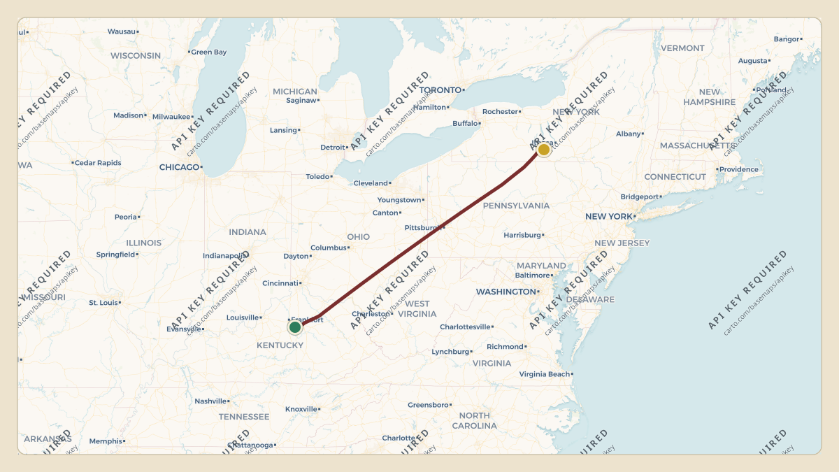 Flight path for Corning's N38CG from KLEX — Blue Grass Airport to KELM — Elmira Corning Regional Airport