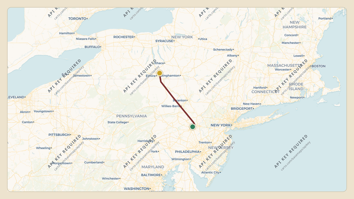 Flight path for Corning's N28CG from KABE — Lehigh Valley International Airport to KELM — Elmira Corning Regional Airport