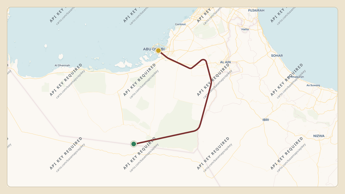 Flight path for M.A. Yusuff Ali's T7-YMA from OESB — Shaibah Airport to OMAD — Al Bateen Executive Airport