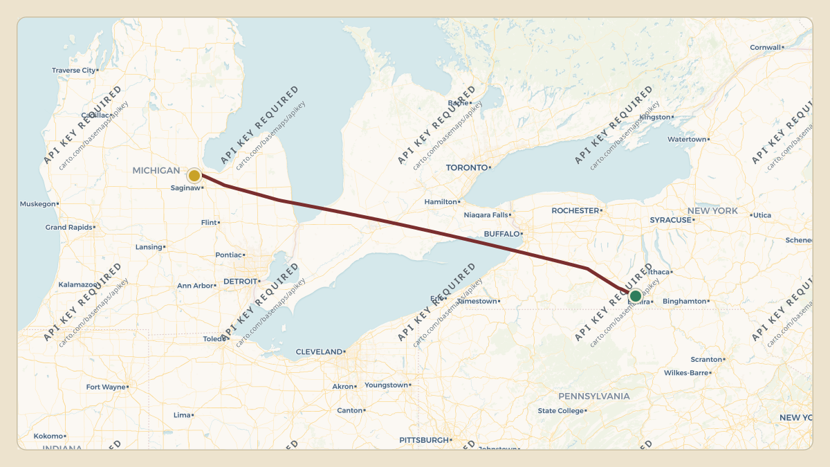 Flight path for Corning's N28CG from KELM — Elmira Corning Regional Airport to KMBS — MBS International Airport