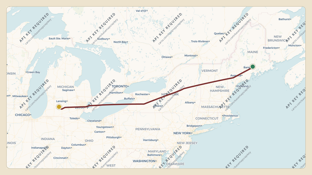 Flight path for Bajaj Family's VT-AYV from KBGR — Bangor International Airport to KBTL — Battle Creek Executive Airport at Kellogg Field